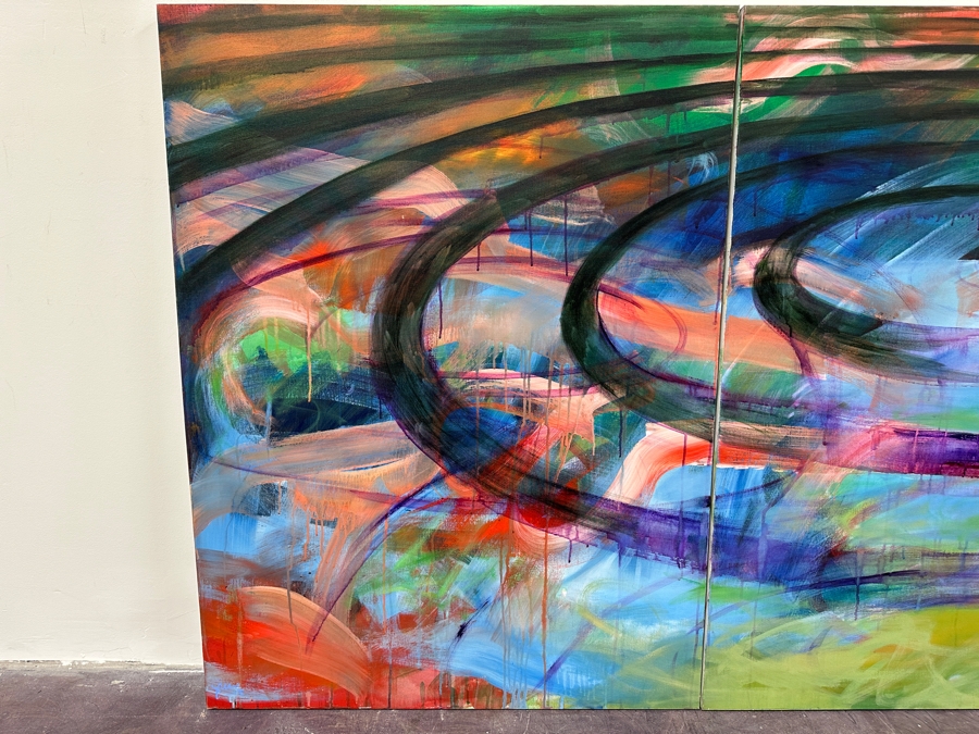 Gerrit Greve (1948-2024, Cardiff by the Sea, CA) Original Acrylic Diptych Painting On Canvas Titled 'Einstein's Dream' Signed Lower Right 48' X 36' Estimate $1,728 - $2,160 [Photo 4]