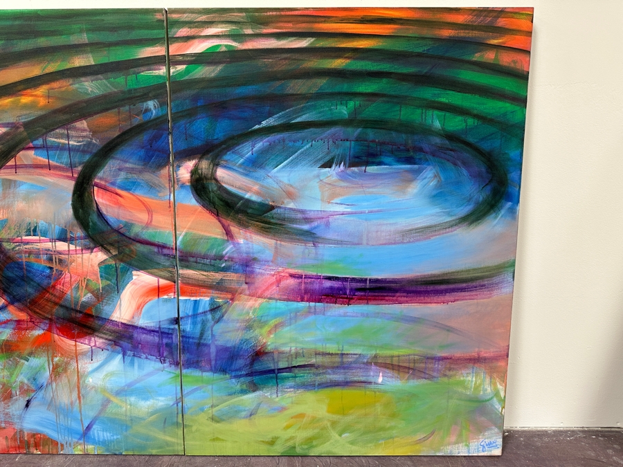 Gerrit Greve (1948-2024, Cardiff by the Sea, CA) Original Acrylic Diptych Painting On Canvas Titled 'Einstein's Dream' Signed Lower Right 48' X 36' Estimate $1,728 - $2,160 [Photo 3]