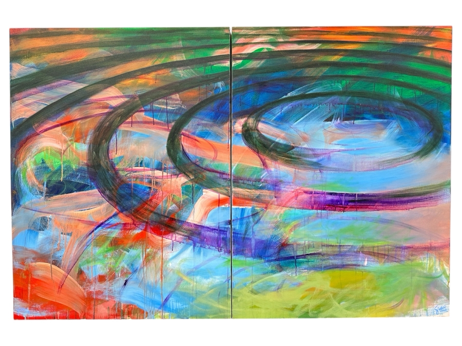 Gerrit Greve (1948-2024, Cardiff by the Sea, CA) Original Acrylic Diptych Painting On Canvas Titled 'Einstein's Dream' Signed Lower Right 48' X 36' Estimate $1,728 - $2,160 [Photo 1]