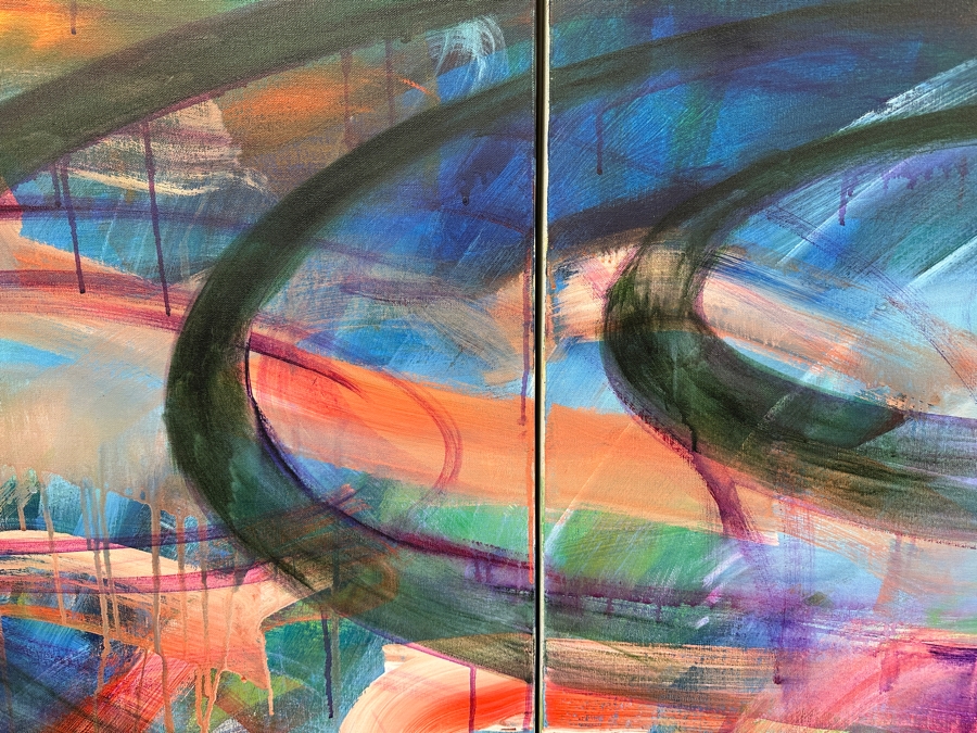 Gerrit Greve (1948-2024, Cardiff by the Sea, CA) Original Acrylic Diptych Painting On Canvas Titled 'Einstein's Dream' Signed Lower Right 48' X 36' Estimate $1,728 - $2,160 [Photo 5]