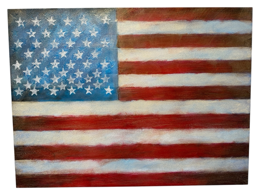 Gerrit Greve (1948-2024, Cardiff by the Sea, CA) Original Acrylic Painting On Canvas Titled '9/11 United States Flag' 2001 Signed Lower Right And Verso 48' X 36' Estimate $1,728 - $2,160