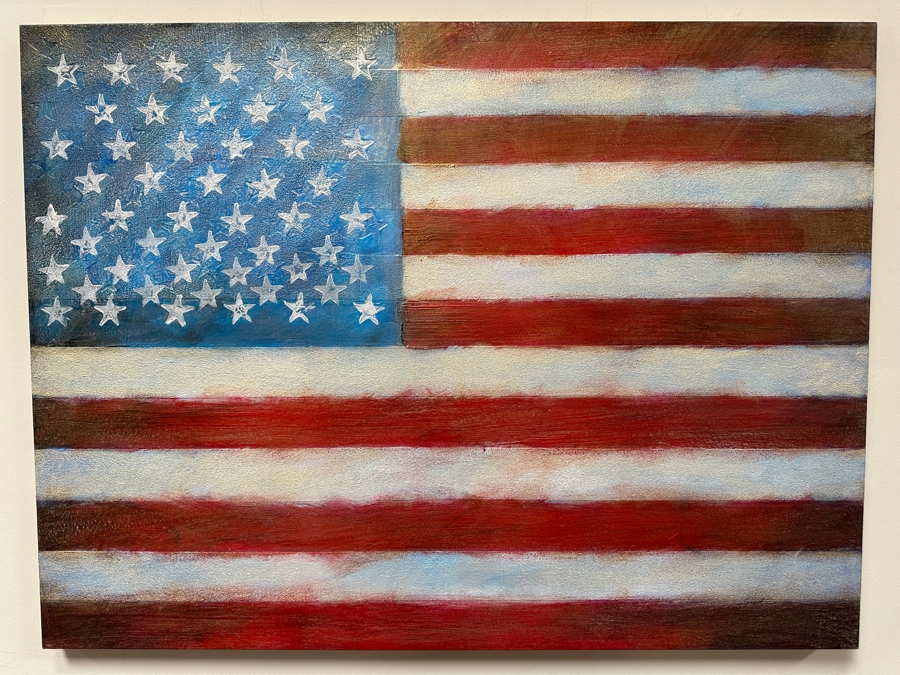 Gerrit Greve (1948-2024, Cardiff by the Sea, CA) Original Acrylic Painting On Canvas Titled '9/11 United States Flag' 2001 Signed Lower Right And Verso 48' X 36' Estimate $1,728 - $2,160 [Photo 2]
