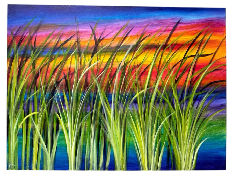 Gerrit Greve (1948-2024, Cardiff by the Sea, CA) Original Acrylic Painting On Canvas Titled 'Reeds At Sunset September' 2020 Signed Lower Left And Verso 48' X 36' Estimate $1,728 - $2,160