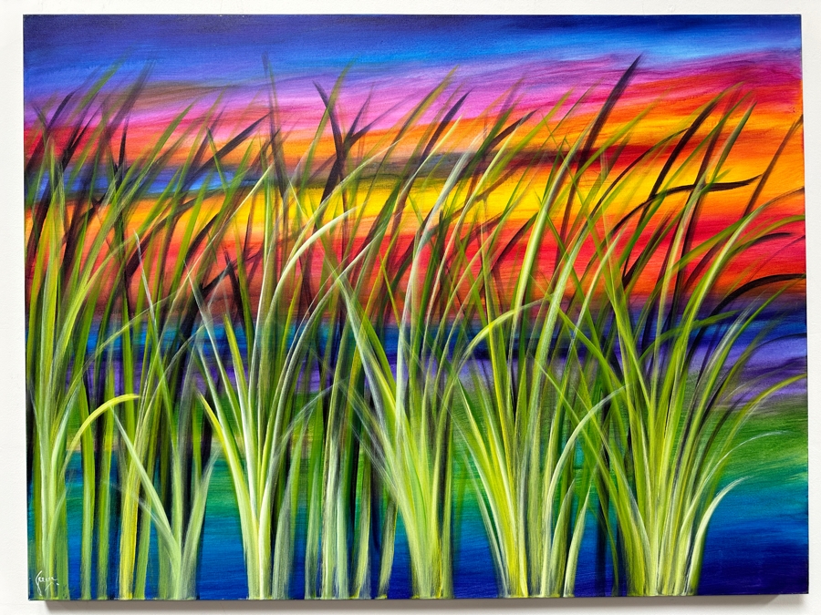 Gerrit Greve (1948-2024, Cardiff by the Sea, CA) Original Acrylic Painting On Canvas Titled 'Reeds At Sunset September' 2020 Signed Lower Left And Verso 48' X 36' Estimate $1,728 - $2,160 [Photo 2]