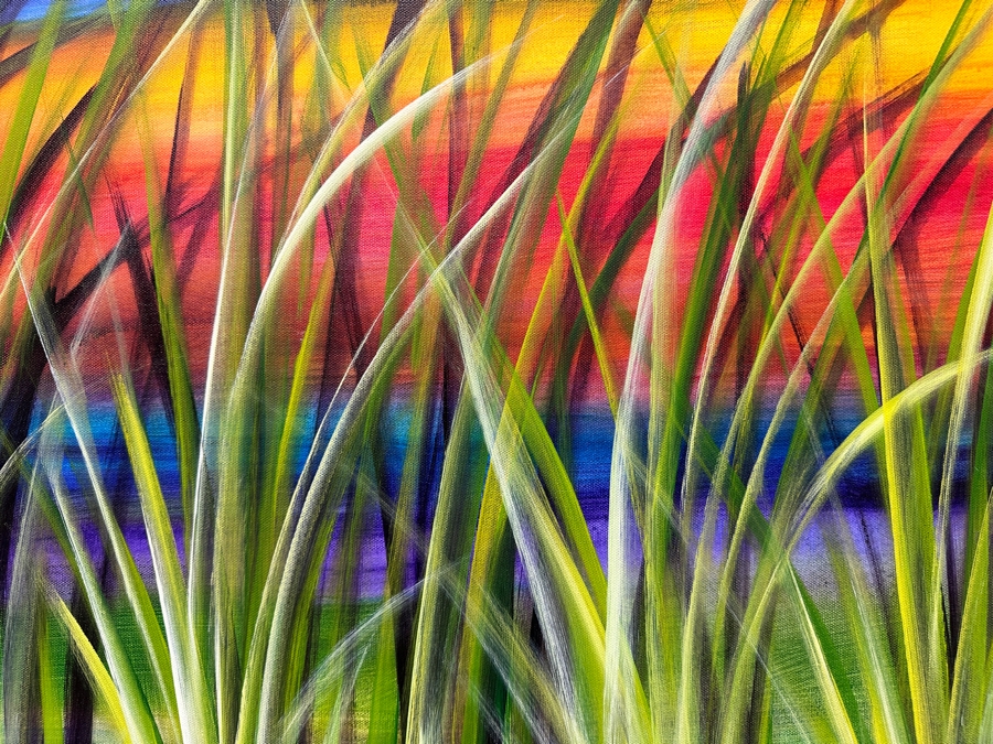 Gerrit Greve (1948-2024, Cardiff by the Sea, CA) Original Acrylic Painting On Canvas Titled 'Reeds At Sunset September' 2020 Signed Lower Left And Verso 48' X 36' Estimate $1,728 - $2,160 [Photo 4]