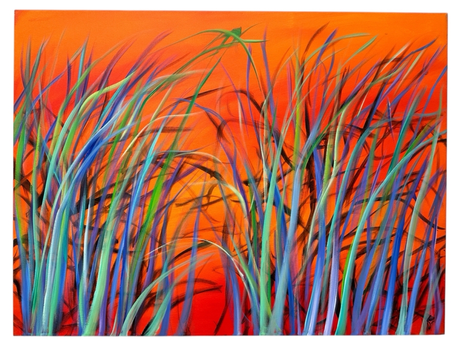 Gerrit Greve (1948-2024, Cardiff by the Sea, CA) Original Acrylic Painting On Canvas Titled 'Reeds At Amber Light II' Signed Lower Right And Verso 48' X 36' Estimate $1,728 - $2,160 [Photo 1]