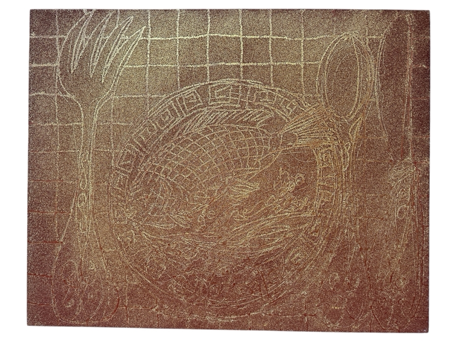 Gerrit Greve (1948-2024, Cardiff by the Sea, CA) Original Acrylic Sand Painting On Canvas Titled 'Still Life With Fish Plate' Signed Verso 30' X 24' Estimate $720 - $900 [Photo 1]
