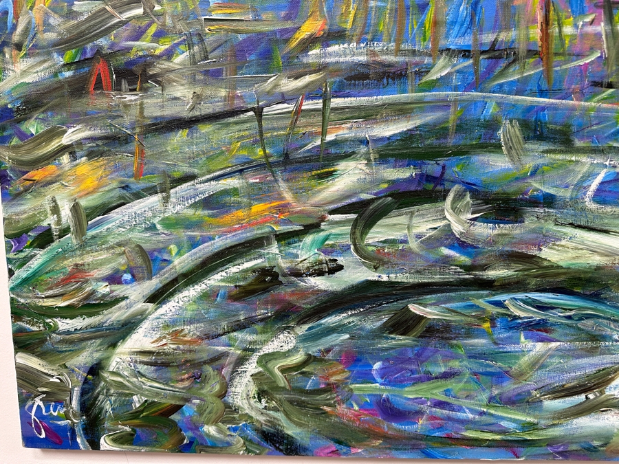 Gerrit Greve (1948-2024, Cardiff by the Sea, CA) Original Acrylic Painting On Canvas Titled 'Meadownlawn #3' 1990 Signed Lower Left And Verso 36' X 18' Estimate $648 - $810 [Photo 5]