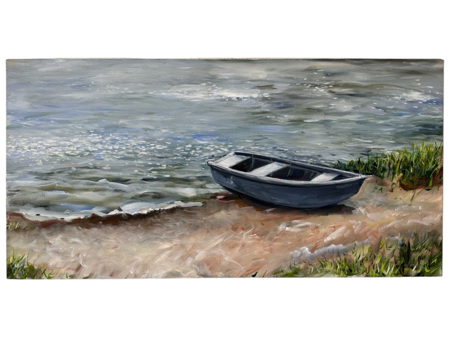 Gerrit Greve (1948-2024, Cardiff by the Sea, CA) Original Acrylic Painting On Canvas Titled '(Meadowlawn) The Boat #2' 1993 Signed Lower Left And Verso 36' X 18' Estimate $648 - $810