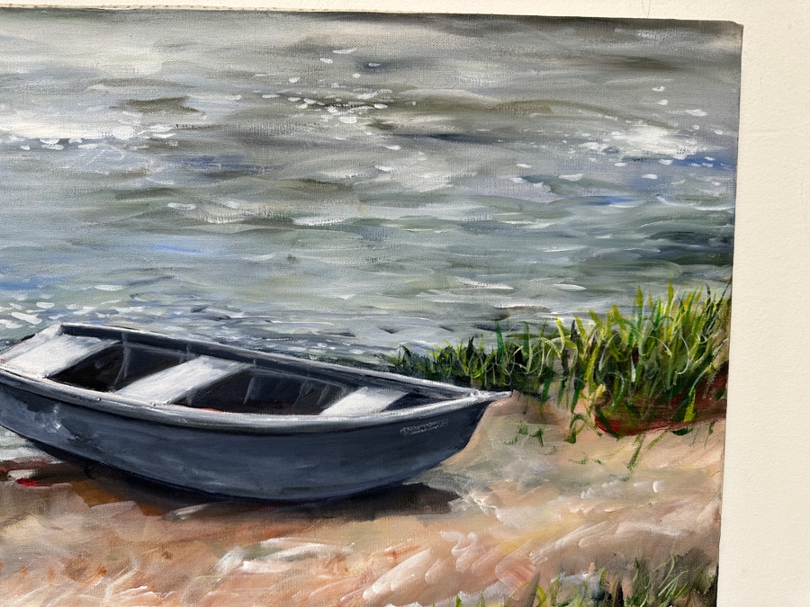 Gerrit Greve (1948-2024, Cardiff by the Sea, CA) Original Acrylic Painting On Canvas Titled '(Meadowlawn) The Boat #2' 1993 Signed Lower Left And Verso 36' X 18' Estimate $648 - $810 [Photo 5]