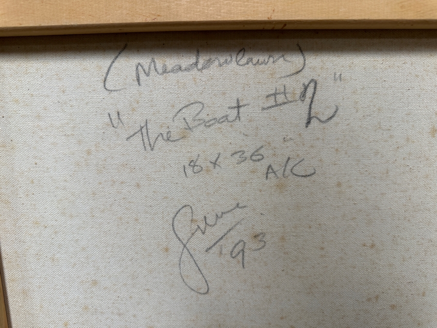 Gerrit Greve (1948-2024, Cardiff by the Sea, CA) Original Acrylic Painting On Canvas Titled '(Meadowlawn) The Boat #2' 1993 Signed Lower Left And Verso 36' X 18' Estimate $648 - $810 [Photo 9]