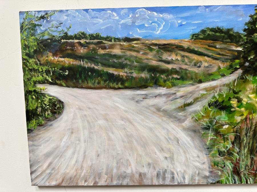 Gerrit Greve (1948-2024, Cardiff by the Sea, CA) Original Acrylic Painting On Canvas Titled '(Meadowlawn) The Road #3 (To Aunt Fannie's)' 1993 Signed Lower Right And Verso 36' X 18' Estimate $648 - $810 [Photo 3]