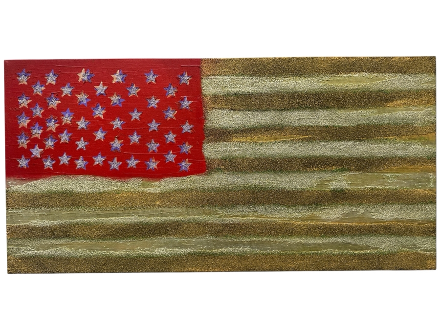 Gerrit Greve (1948-2024, Cardiff by the Sea, CA) Original Acrylic Painting On Canvas Titled 'Stretched Flag' 2002 Signed Verso 30' X 15' Estimate $450 - $563 [Photo 1]
