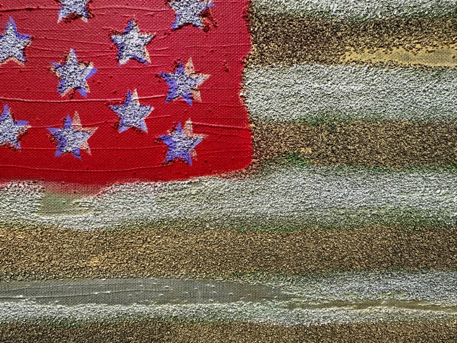 Gerrit Greve (1948-2024, Cardiff by the Sea, CA) Original Acrylic Painting On Canvas Titled 'Stretched Flag' 2002 Signed Verso 30' X 15' Estimate $450 - $563 [Photo 5]