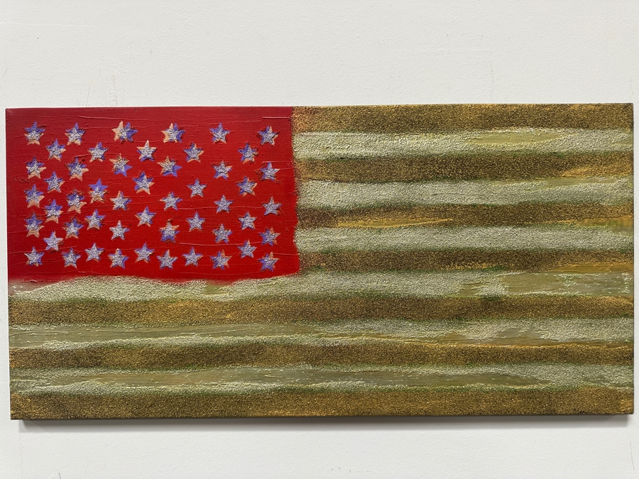 Gerrit Greve (1948-2024, Cardiff by the Sea, CA) Original Acrylic Painting On Canvas Titled 'Stretched Flag' 2002 Signed Verso 30' X 15' Estimate $450 - $563 [Photo 2]