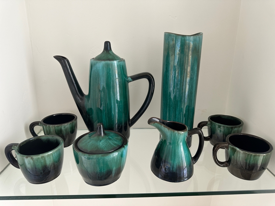Just Added - Blue Mountain Pottery Glazed Pottery Coffee Set With Vase Three Trees Mark Made In Canada