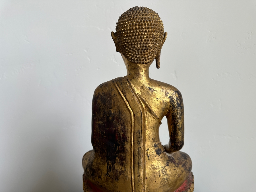 Just Added - Antique Thai Gilt Bronze Seated Meditation Buddha With Wooden Stand 21'H [Photo 11]