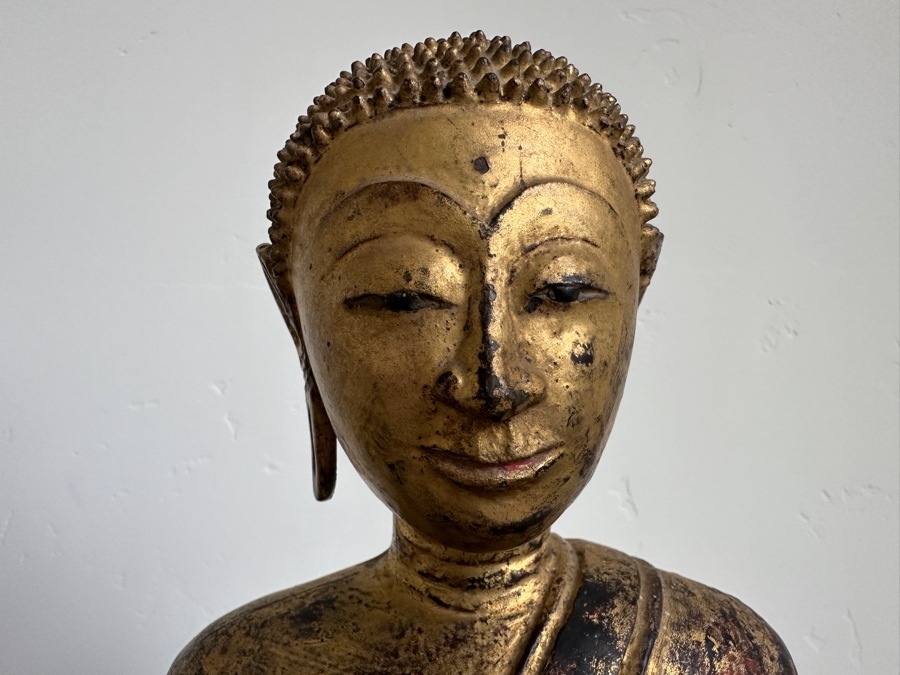 Just Added - Antique Thai Gilt Bronze Seated Meditation Buddha With Wooden Stand 21'H [Photo 4]
