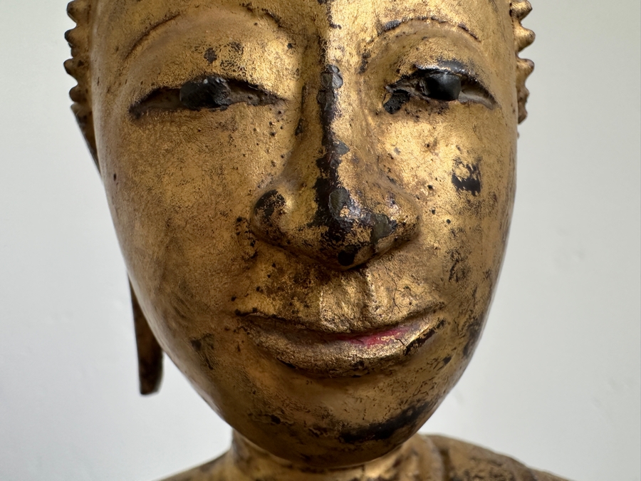 Just Added - Antique Thai Gilt Bronze Seated Meditation Buddha With Wooden Stand 21'H [Photo 5]