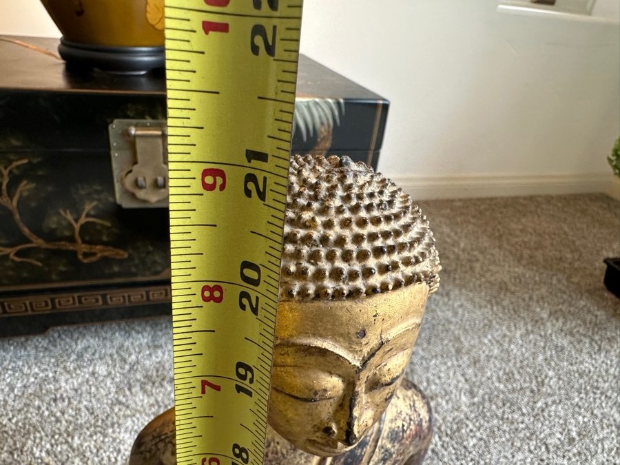 Just Added - Antique Thai Gilt Bronze Seated Meditation Buddha With Wooden Stand 21'H [Photo 17]