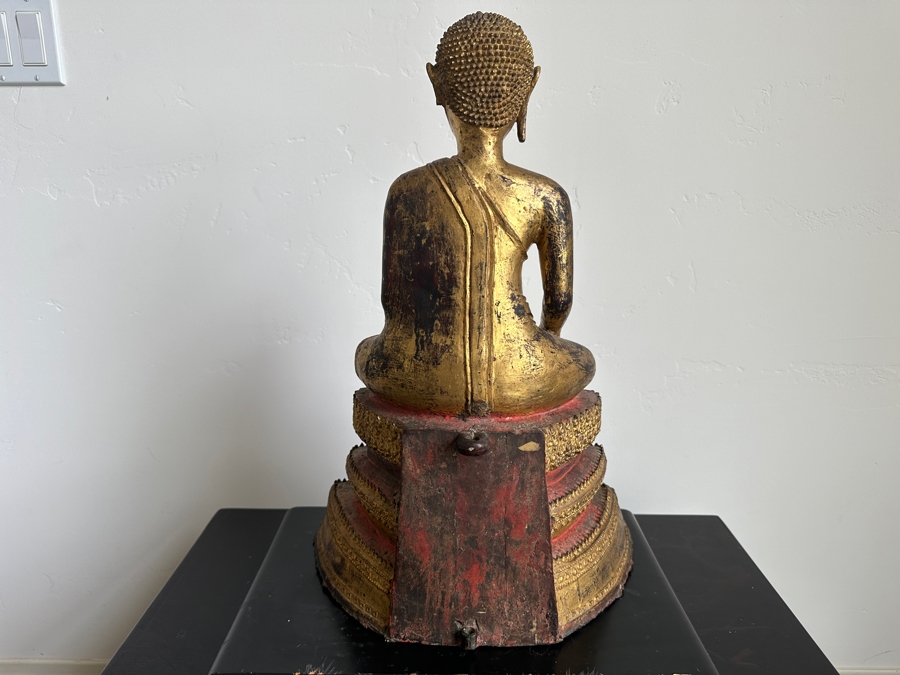 Just Added - Antique Thai Gilt Bronze Seated Meditation Buddha With Wooden Stand 21'H [Photo 9]