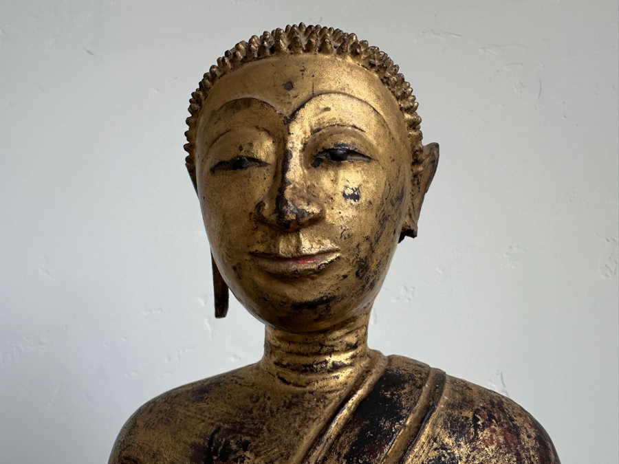 Just Added - Antique Thai Gilt Bronze Seated Meditation Buddha With Wooden Stand 21'H [Photo 15]