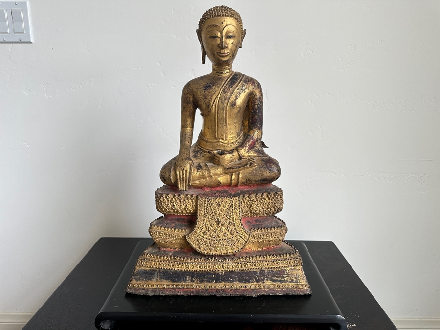 Just Added - Antique Thai Gilt Bronze Seated Meditation Buddha With Wooden Stand 21'H