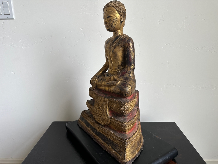 Just Added - Antique Thai Gilt Bronze Seated Meditation Buddha With Wooden Stand 21'H [Photo 8]