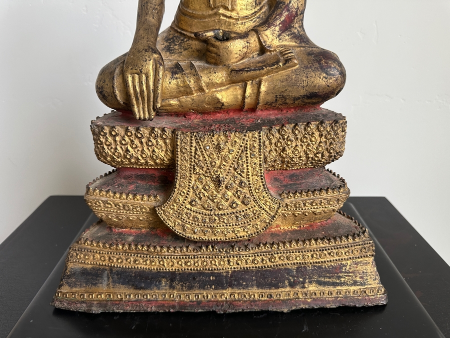 Just Added - Antique Thai Gilt Bronze Seated Meditation Buddha With Wooden Stand 21'H [Photo 6]