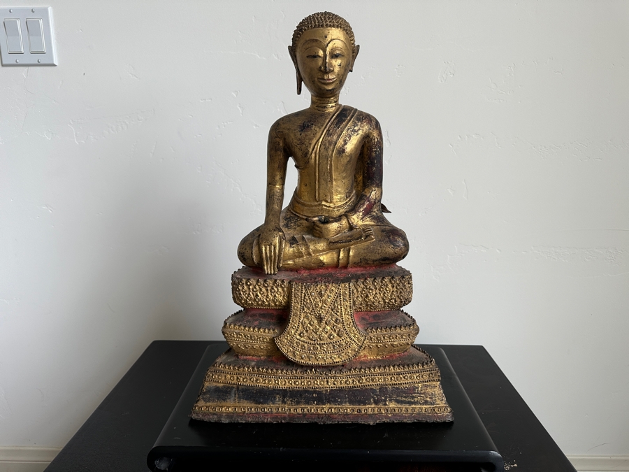 Just Added - Antique Thai Gilt Bronze Seated Meditation Buddha With Wooden Stand 21'H [Photo 3]
