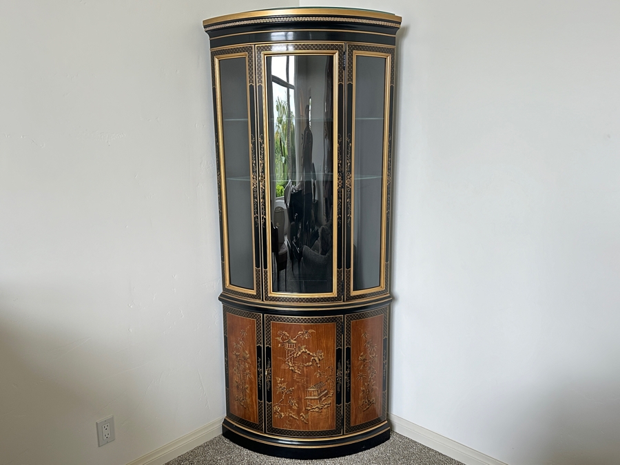 Just Added - Vintage Drexel 'Et Cetera' Chinoiserie Decorated Corner Display Curio Cabinet With Overhead Lighting 36W X 78H