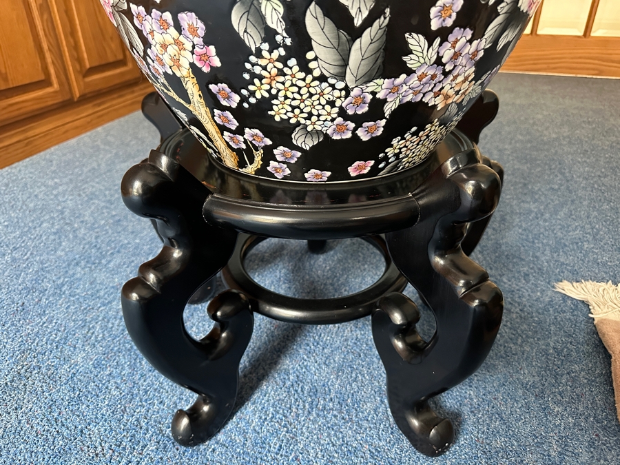 Just Added - Large Chinese Porcelain Fish Bowl Planter With Wooden Stand 16.5W X 15H [Photo 7]