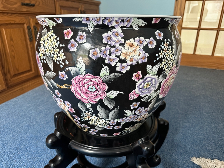 Just Added - Large Chinese Porcelain Fish Bowl Planter With Wooden Stand 16.5W X 15H [Photo 5]