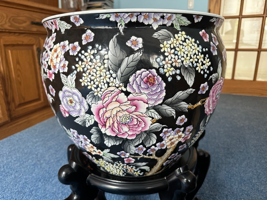 Just Added - Large Chinese Porcelain Fish Bowl Planter With Wooden Stand 16.5W X 15H [Photo 11]