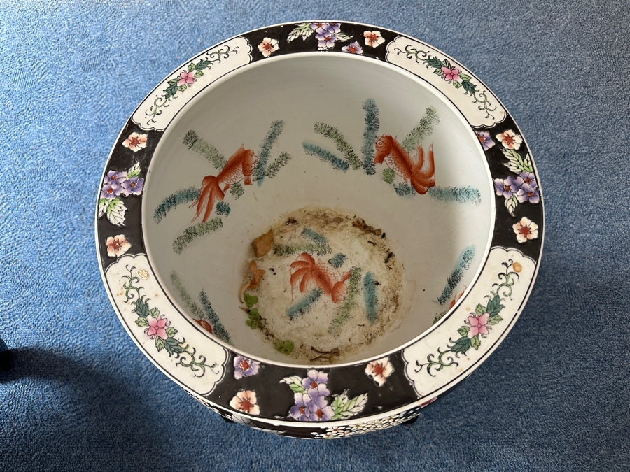 Just Added - Large Chinese Porcelain Fish Bowl Planter With Wooden Stand 16.5W X 15H [Photo 3]