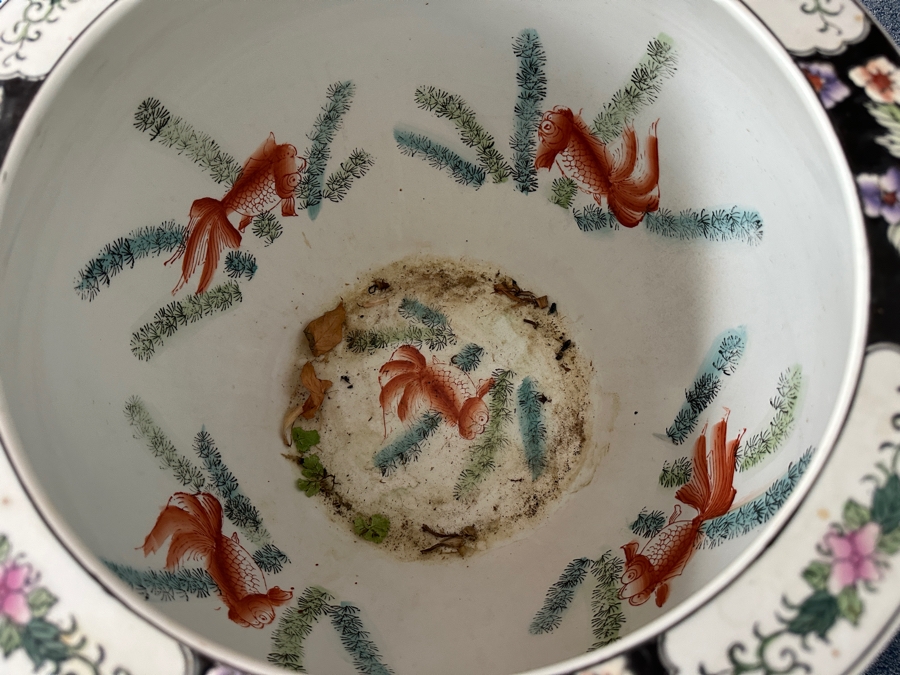 Just Added - Large Chinese Porcelain Fish Bowl Planter With Wooden Stand 16.5W X 15H [Photo 4]