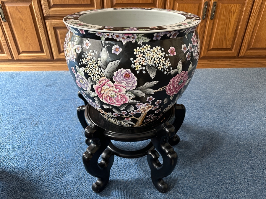 Just Added - Large Chinese Porcelain Fish Bowl Planter With Wooden Stand 16.5W X 15H