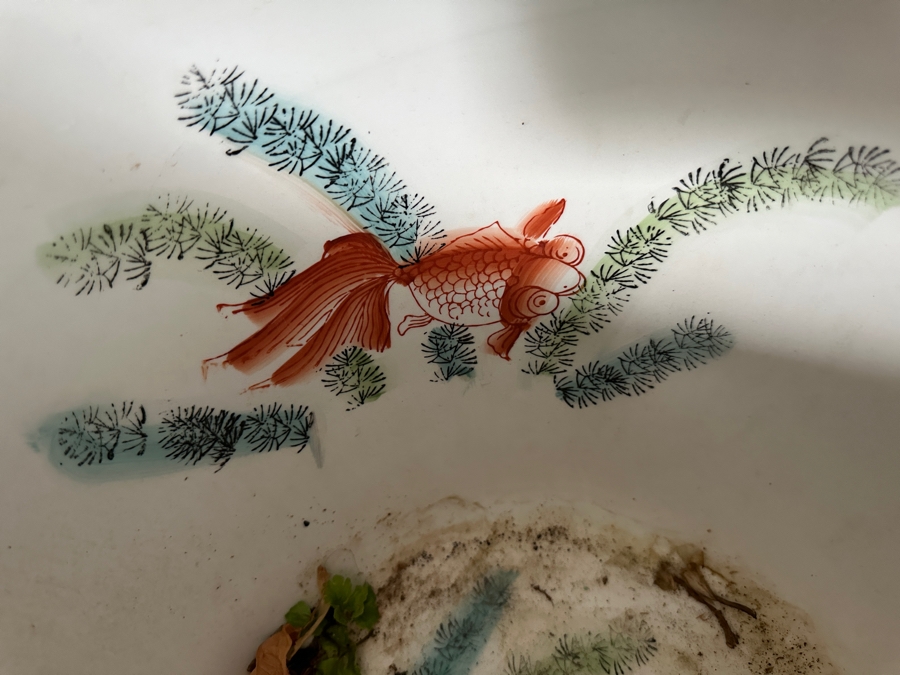 Just Added - Large Chinese Porcelain Fish Bowl Planter With Wooden Stand 16.5W X 15H [Photo 10]