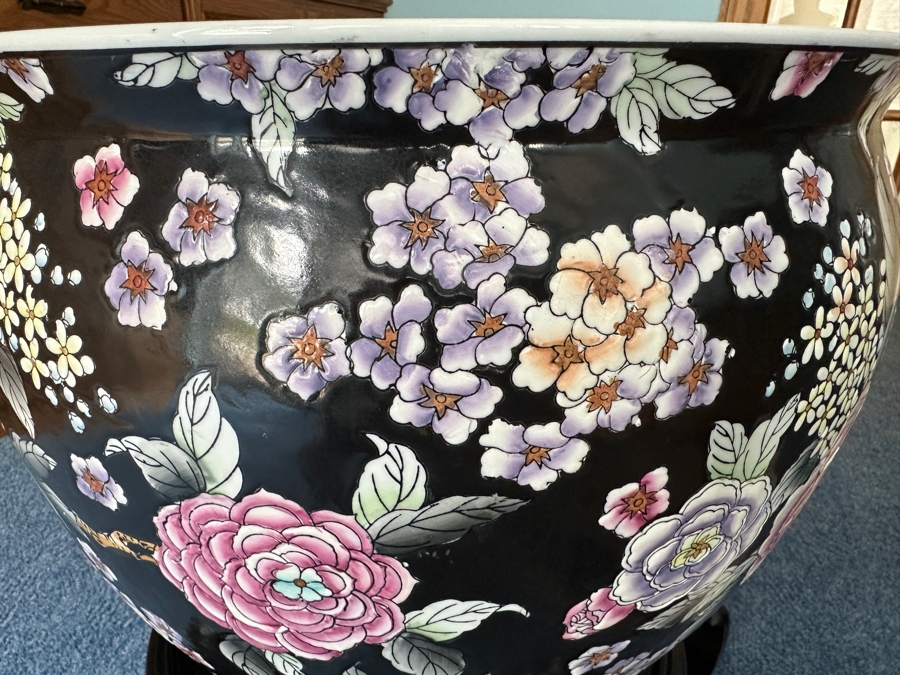 Just Added - Large Chinese Porcelain Fish Bowl Planter With Wooden Stand 16.5W X 15H [Photo 6]