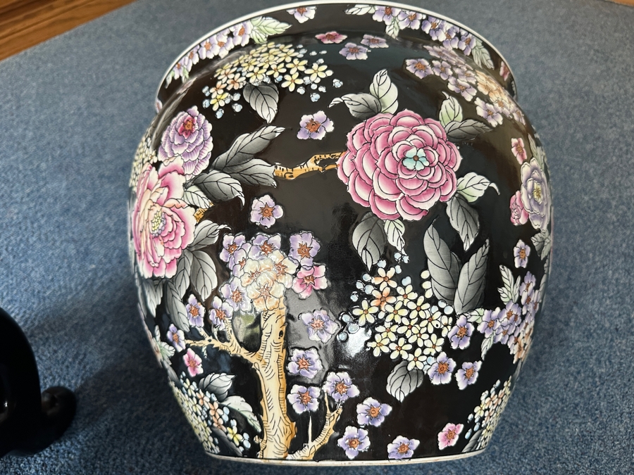 Just Added - Large Chinese Porcelain Fish Bowl Planter With Wooden Stand 16.5W X 15H [Photo 8]