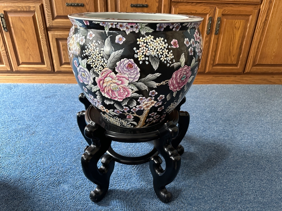 Just Added - Large Chinese Porcelain Fish Bowl Planter With Wooden Stand 16.5W X 15H [Photo 2]