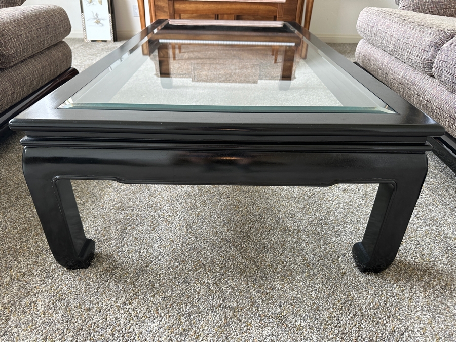 Just Added - Vintage Chinoiserie Wooden Lacquer Glass Top Coffee Table 32 X 59 X 16H [Photo 3]