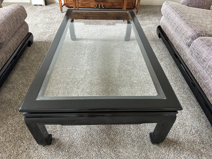 Just Added - Vintage Chinoiserie Wooden Lacquer Glass Top Coffee Table 32 X 59 X 16H [Photo 4]