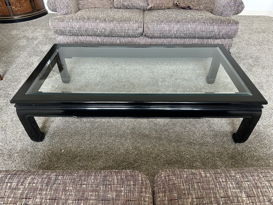 Just Added - Vintage Chinoiserie Wooden Lacquer Glass Top Coffee Table 32 X 59 X 16H [Photo 1]