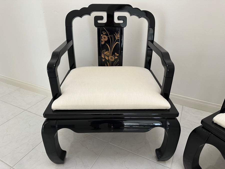 Just Added - Vintage Pair Of Chinoiserie Wooden Lacquer Armchairs By Schnadig Furniture Corporation 28W X 25D X 33H [Photo 2]