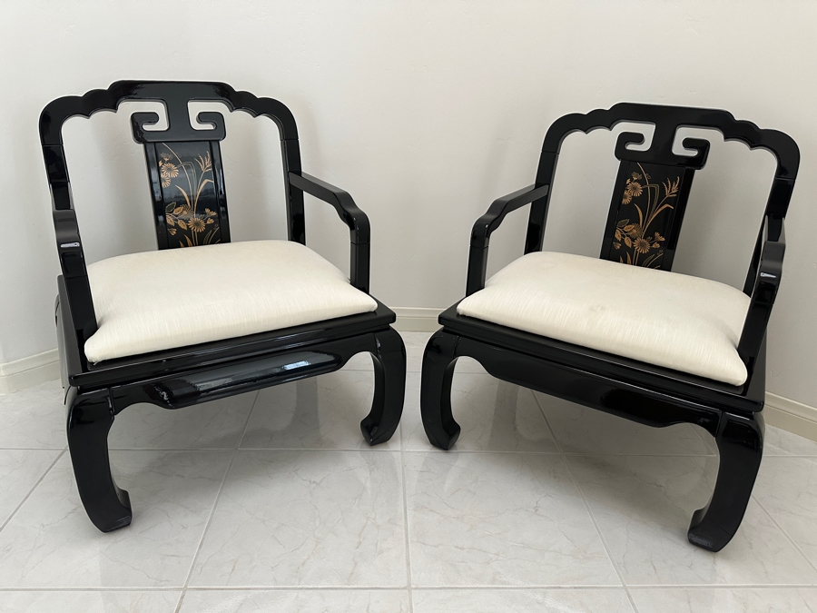 Just Added - Vintage Pair Of Chinoiserie Wooden Lacquer Armchairs By Schnadig Furniture Corporation 28W X 25D X 33H [Photo 1]
