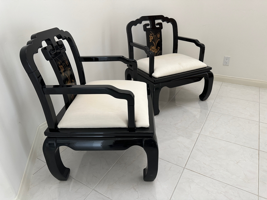 Just Added - Vintage Pair Of Chinoiserie Wooden Lacquer Armchairs By Schnadig Furniture Corporation 28W X 25D X 33H [Photo 4]