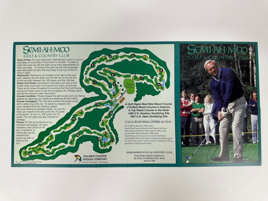 Just Added - Arnold Palmer Autographed Golf Score Card From The Resort Semiahmoo Golf Course In Blaine, WA 12' X 6' [Photo 2]