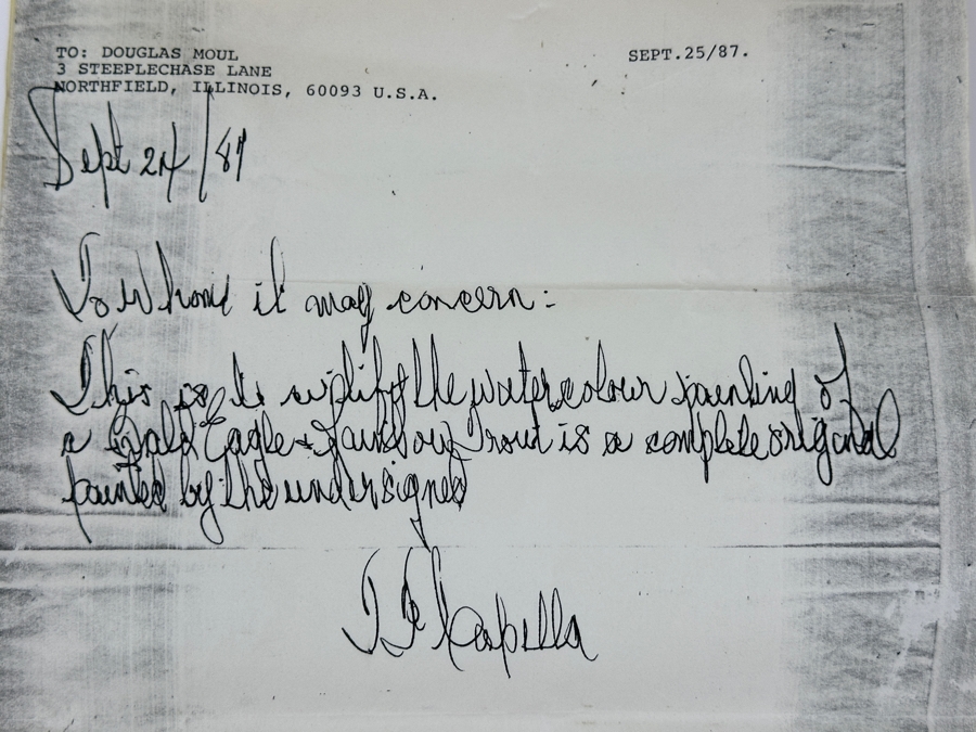 Just Added - J. P. Capella Original Watercolor Painting Of A Bald Eagle & Rainbow Trout Signed Lower Right Capella 33.5 X 27.5 Framed 41 X 35.5 [Photo 15]