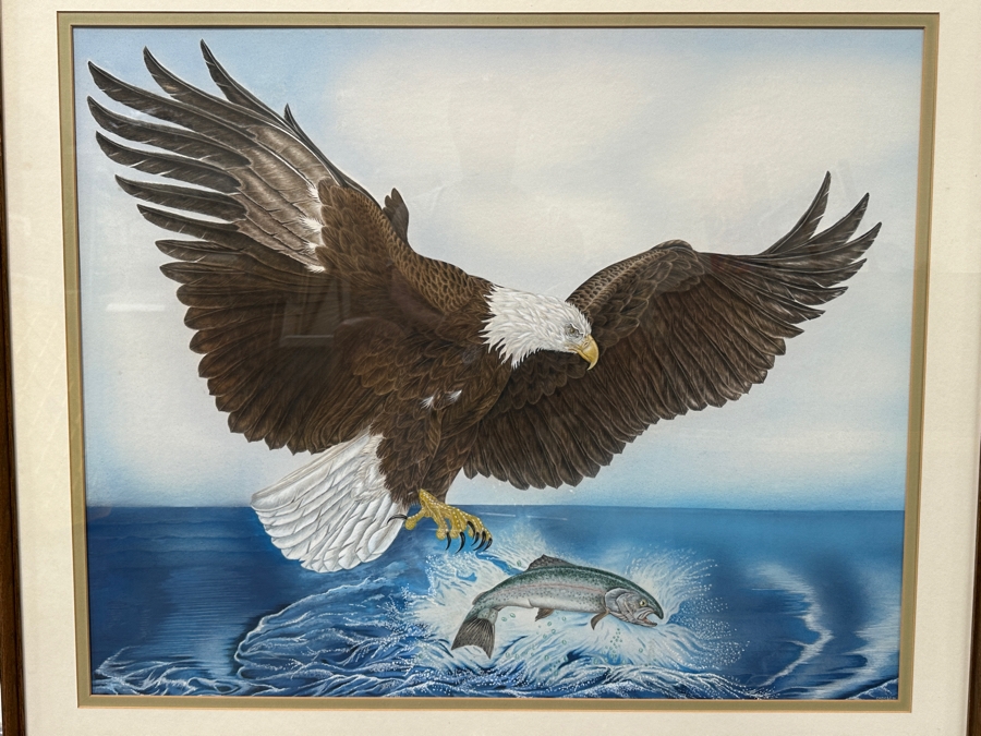 Just Added - J. P. Capella Original Watercolor Painting Of A Bald Eagle & Rainbow Trout Signed Lower Right Capella 33.5 X 27.5 Framed 41 X 35.5 [Photo 1]